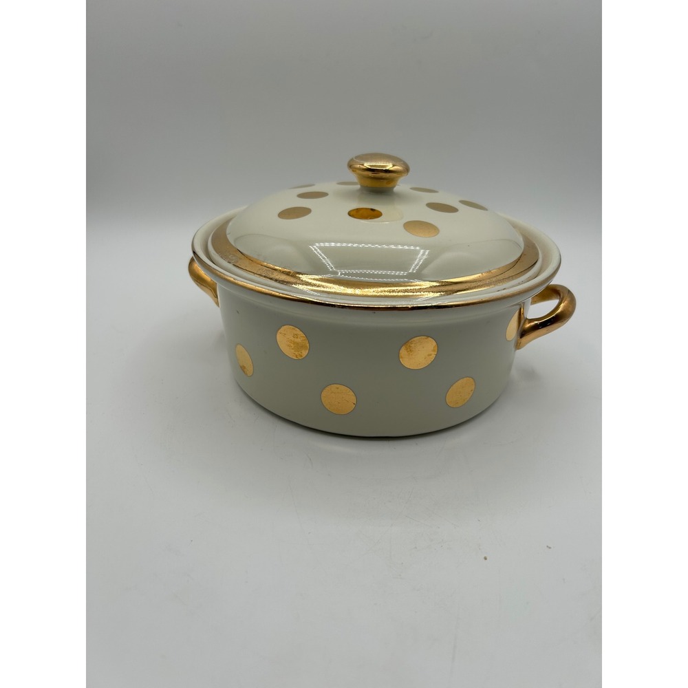 Hall China Casserole Dish Ivory Gold Dot Covered Round Lidded Bowl Vintage